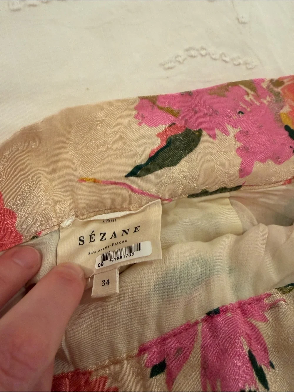 Sezane Floral A-Line Midi Skirt in Pink, Green & Cream